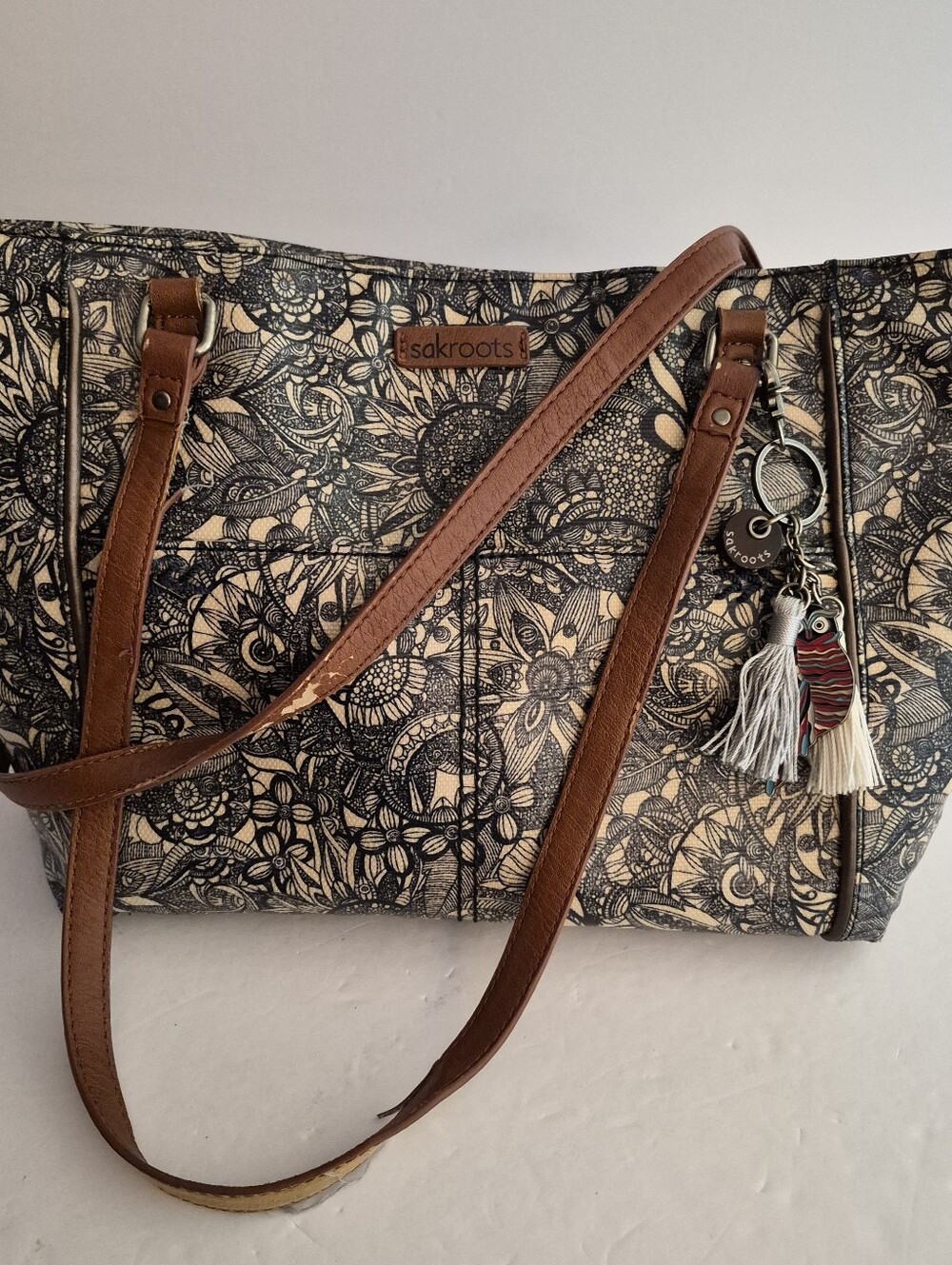Sakroots Floral Metro Purse Shoulder Tote Bag Blue Owl Charm